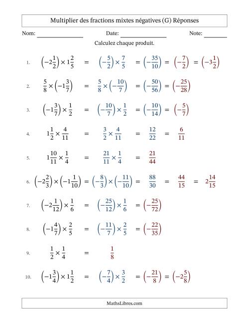 Multiplier des fractions mixtes négatives avec dénominateurs jusqu'aux douzièmes, résultats sous fractions mixtes et quelque simplification (Remplissable) (G) page 2