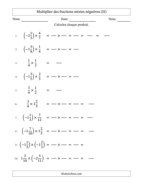 Multiplier des fractions mixtes négatives avec dénominateurs jusqu'aux douzièmes, résultats sous fractions mixtes et quelque simplification (Remplissable) (H)