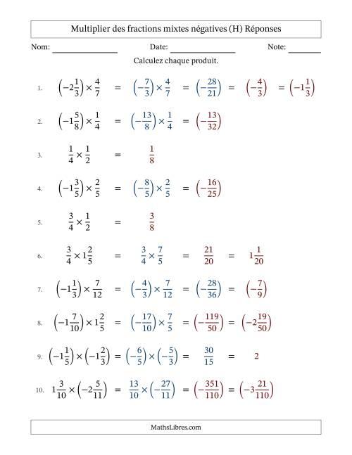 Multiplier des fractions mixtes négatives avec dénominateurs jusqu'aux douzièmes, résultats sous fractions mixtes et quelque simplification (Remplissable) (H) page 2