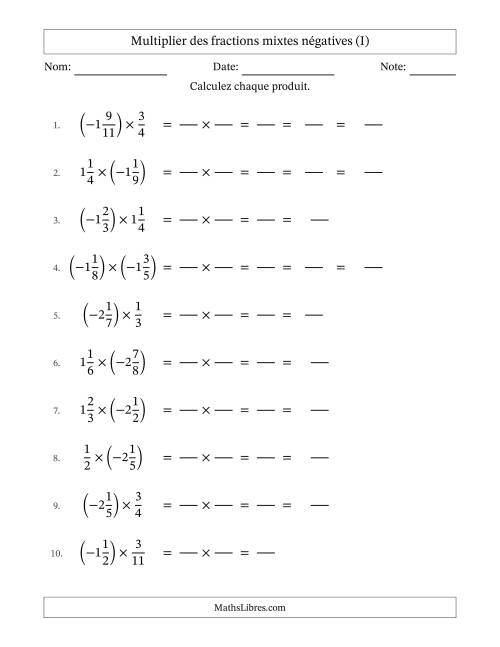 Multiplier des fractions mixtes négatives avec dénominateurs jusqu'aux douzièmes, résultats sous fractions mixtes et quelque simplification (Remplissable) (I)