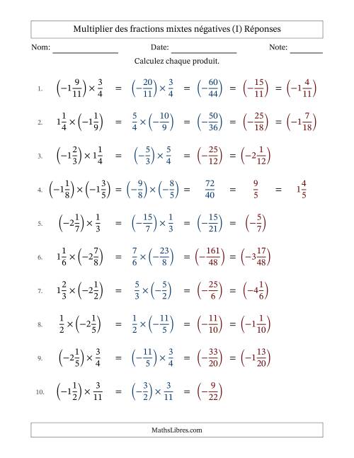 Multiplier des fractions mixtes négatives avec dénominateurs jusqu'aux douzièmes, résultats sous fractions mixtes et quelque simplification (Remplissable) (I) page 2