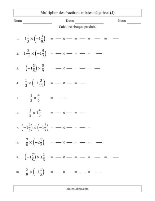 Multiplier des fractions mixtes négatives avec dénominateurs jusqu'aux douzièmes, résultats sous fractions mixtes et quelque simplification (Remplissable) (J)