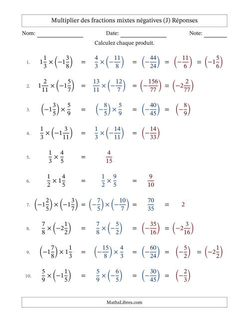 Multiplier des fractions mixtes négatives avec dénominateurs jusqu'aux douzièmes, résultats sous fractions mixtes et quelque simplification (Remplissable) (J) page 2