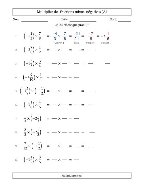 Multiplier des fractions mixtes négatives avec dénominateurs jusqu'aux douzièmes, résultats sous fractions mixtes et quelque simplification (Remplissable) (Tout)