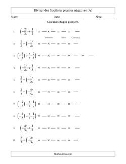 Diviser des fractions propres négatives avec dénominateurs jusqu'aux sixièmes, résultats sous fractions mixtes et quelque simplification (Remplissable)