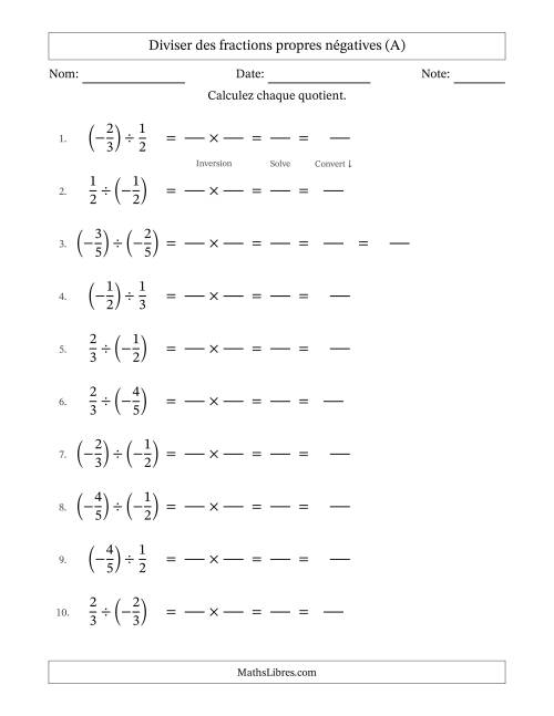Diviser des fractions propres négatives avec dénominateurs jusqu'aux sixièmes, résultats sous fractions mixtes et quelque simplification (Remplissable) (A)