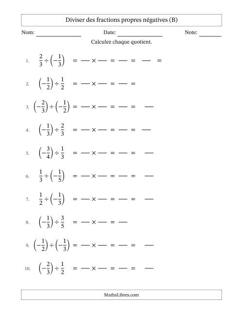 Diviser des fractions propres négatives avec dénominateurs jusqu'aux sixièmes, résultats sous fractions mixtes et quelque simplification (Remplissable) (B)