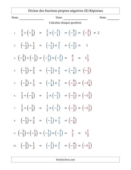 Diviser des fractions propres négatives avec dénominateurs jusqu'aux sixièmes, résultats sous fractions mixtes et quelque simplification (Remplissable) (B) page 2