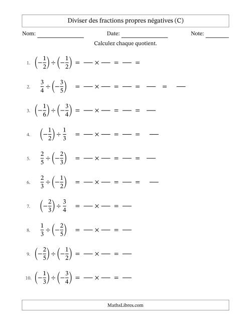 Diviser des fractions propres négatives avec dénominateurs jusqu'aux sixièmes, résultats sous fractions mixtes et quelque simplification (Remplissable) (C)