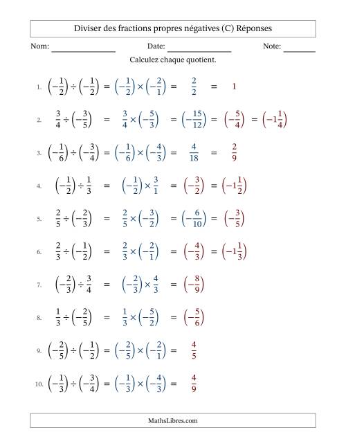 Diviser des fractions propres négatives avec dénominateurs jusqu'aux sixièmes, résultats sous fractions mixtes et quelque simplification (Remplissable) (C) page 2