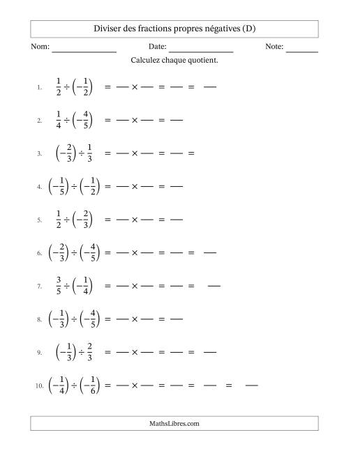 Diviser des fractions propres négatives avec dénominateurs jusqu'aux sixièmes, résultats sous fractions mixtes et quelque simplification (Remplissable) (D)