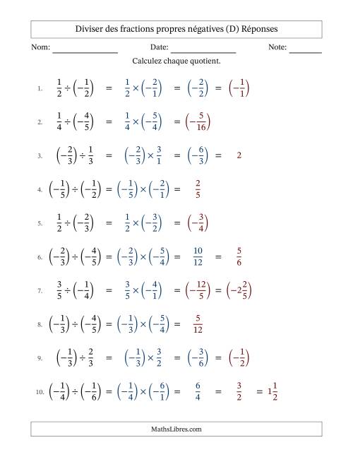 Diviser des fractions propres négatives avec dénominateurs jusqu'aux sixièmes, résultats sous fractions mixtes et quelque simplification (Remplissable) (D) page 2
