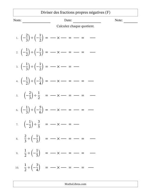 Diviser des fractions propres négatives avec dénominateurs jusqu'aux sixièmes, résultats sous fractions mixtes et quelque simplification (Remplissable) (F)