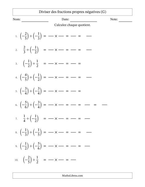 Diviser des fractions propres négatives avec dénominateurs jusqu'aux sixièmes, résultats sous fractions mixtes et quelque simplification (Remplissable) (G)