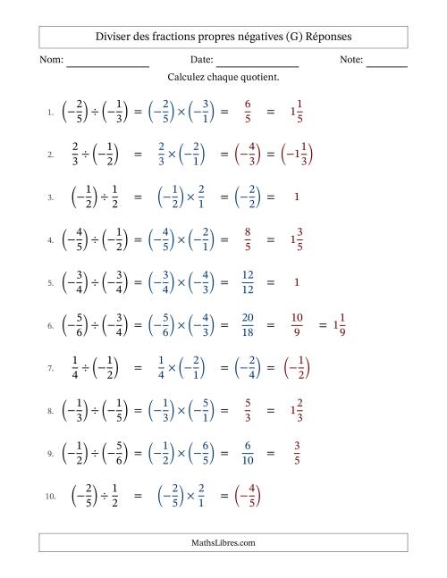 Diviser des fractions propres négatives avec dénominateurs jusqu'aux sixièmes, résultats sous fractions mixtes et quelque simplification (Remplissable) (G) page 2