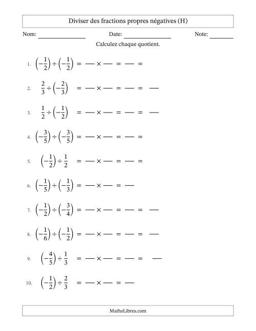 Diviser des fractions propres négatives avec dénominateurs jusqu'aux sixièmes, résultats sous fractions mixtes et quelque simplification (Remplissable) (H)