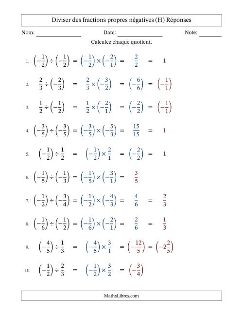 Diviser des fractions propres négatives avec dénominateurs jusqu'aux sixièmes, résultats sous fractions mixtes et quelque simplification (Remplissable) (H) page 2