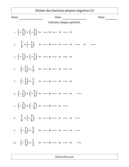 Diviser des fractions propres négatives avec dénominateurs jusqu'aux sixièmes, résultats sous fractions mixtes et quelque simplification (Remplissable) (I)