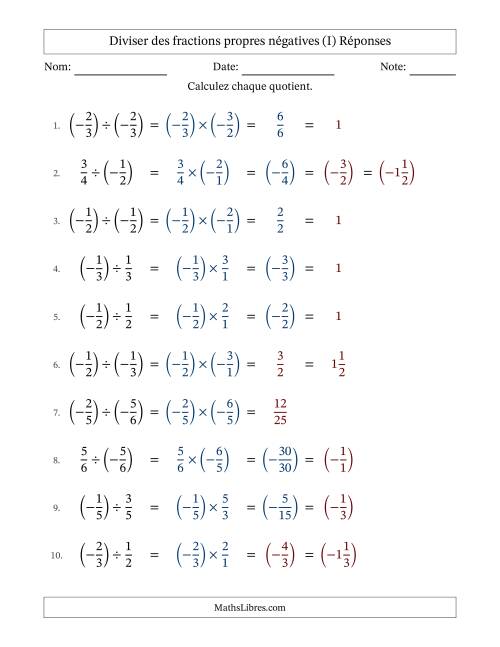 Diviser des fractions propres négatives avec dénominateurs jusqu'aux sixièmes, résultats sous fractions mixtes et quelque simplification (Remplissable) (I) page 2