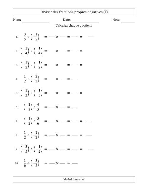 Diviser des fractions propres négatives avec dénominateurs jusqu'aux sixièmes, résultats sous fractions mixtes et quelque simplification (Remplissable) (J)