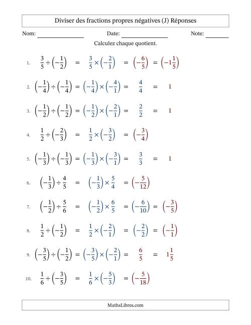 Diviser des fractions propres négatives avec dénominateurs jusqu'aux sixièmes, résultats sous fractions mixtes et quelque simplification (Remplissable) (J) page 2