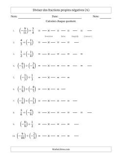 Diviser des fractions propres négatives avec dénominateurs jusqu'aux douzièmes, résultats sous fractions mixtes et quelque simplification (Remplissable)