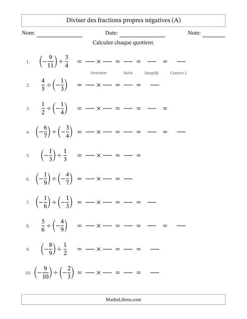 Diviser des fractions propres négatives avec dénominateurs jusqu'aux douzièmes, résultats sous fractions mixtes et quelque simplification (Remplissable) (A)