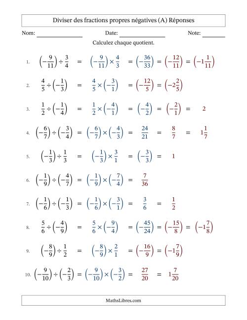 Diviser des fractions propres négatives avec dénominateurs jusqu'aux douzièmes, résultats sous fractions mixtes et quelque simplification (Remplissable) (A) page 2