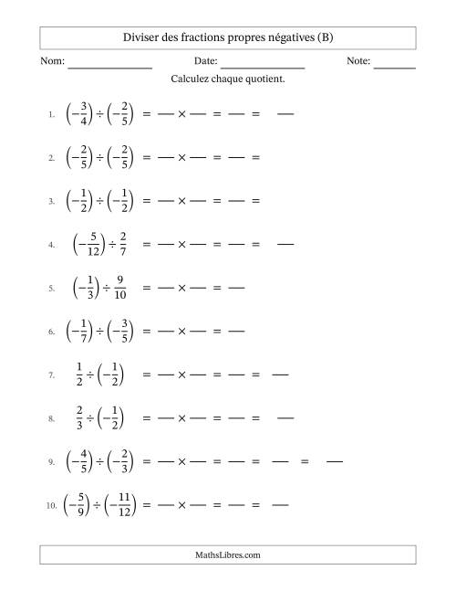 Diviser des fractions propres négatives avec dénominateurs jusqu'aux douzièmes, résultats sous fractions mixtes et quelque simplification (Remplissable) (B)