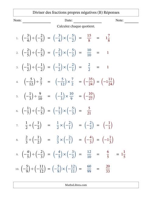 Diviser des fractions propres négatives avec dénominateurs jusqu'aux douzièmes, résultats sous fractions mixtes et quelque simplification (Remplissable) (B) page 2