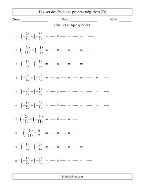 Diviser des fractions propres négatives avec dénominateurs jusqu'aux douzièmes, résultats sous fractions mixtes et quelque simplification (Remplissable) (D)