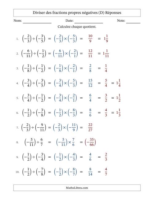 Diviser des fractions propres négatives avec dénominateurs jusqu'aux douzièmes, résultats sous fractions mixtes et quelque simplification (Remplissable) (D) page 2