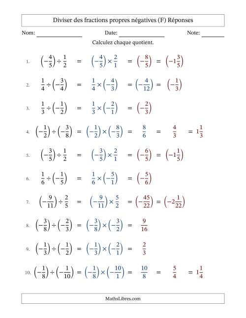Diviser des fractions propres négatives avec dénominateurs jusqu'aux douzièmes, résultats sous fractions mixtes et quelque simplification (Remplissable) (F) page 2