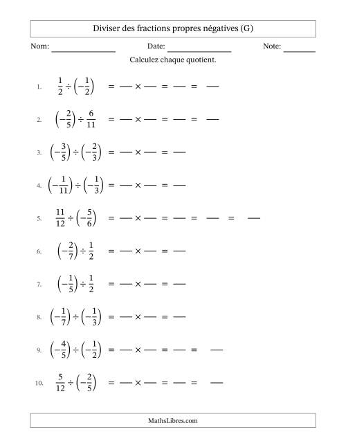 Diviser des fractions propres négatives avec dénominateurs jusqu'aux douzièmes, résultats sous fractions mixtes et quelque simplification (Remplissable) (G)