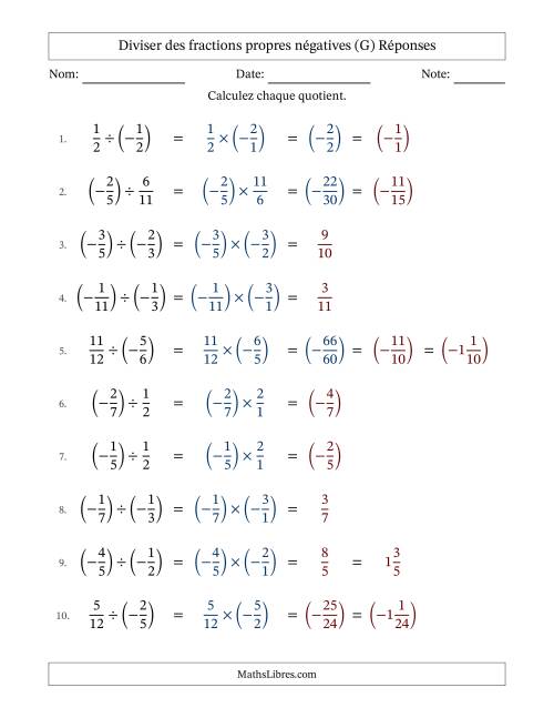 Diviser des fractions propres négatives avec dénominateurs jusqu'aux douzièmes, résultats sous fractions mixtes et quelque simplification (Remplissable) (G) page 2