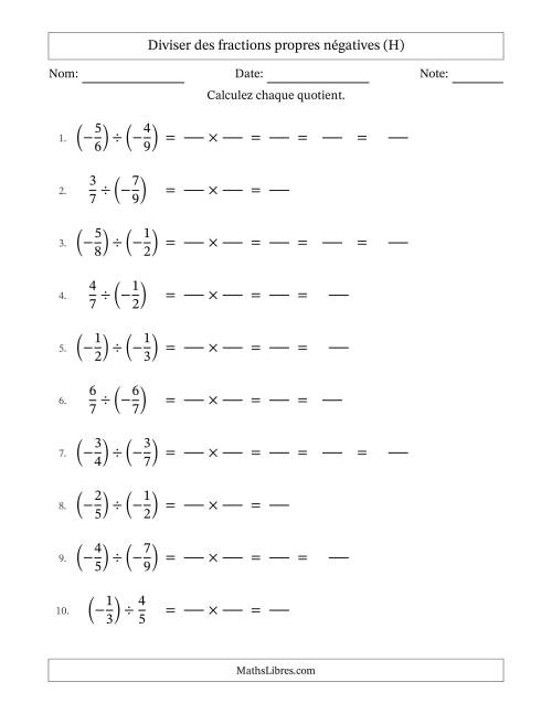 Diviser des fractions propres négatives avec dénominateurs jusqu'aux douzièmes, résultats sous fractions mixtes et quelque simplification (Remplissable) (H)