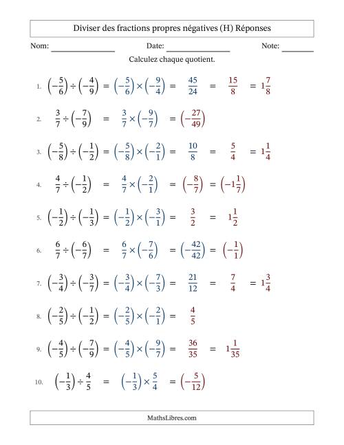 Diviser des fractions propres négatives avec dénominateurs jusqu'aux douzièmes, résultats sous fractions mixtes et quelque simplification (Remplissable) (H) page 2