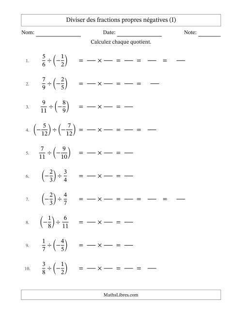 Diviser des fractions propres négatives avec dénominateurs jusqu'aux douzièmes, résultats sous fractions mixtes et quelque simplification (Remplissable) (I)