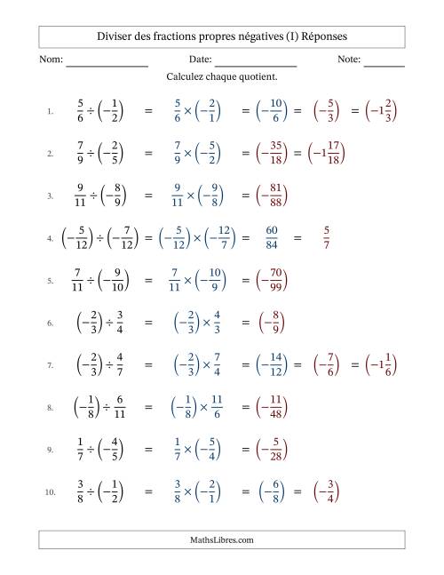 Diviser des fractions propres négatives avec dénominateurs jusqu'aux douzièmes, résultats sous fractions mixtes et quelque simplification (Remplissable) (I) page 2
