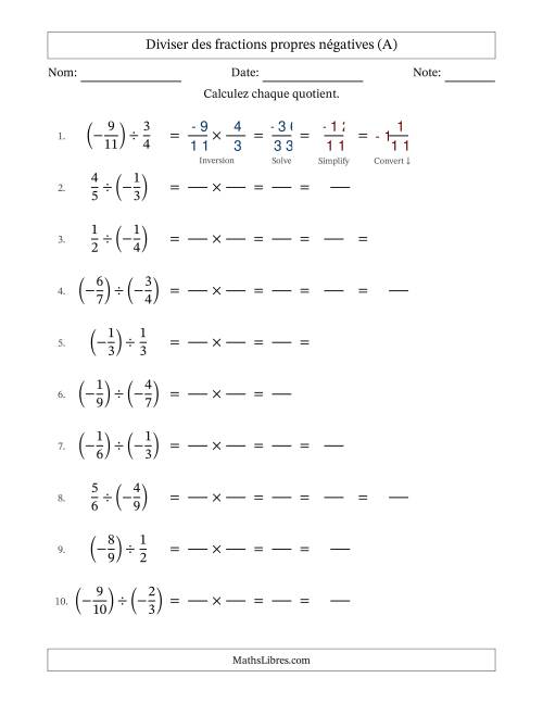 Diviser des fractions propres négatives avec dénominateurs jusqu'aux douzièmes, résultats sous fractions mixtes et quelque simplification (Remplissable) (Tout)