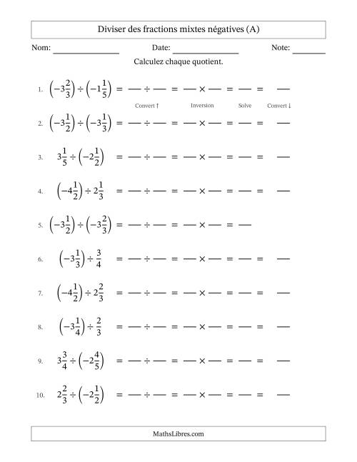 Diviser des fractions mixtes négatives avec dénominateurs jusqu'aux sixièmes, résultats sous fractions mixtes et sans simplification (Remplissable) (A)