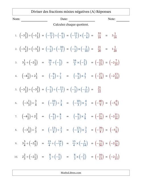 Diviser des fractions mixtes négatives avec dénominateurs jusqu'aux sixièmes, résultats sous fractions mixtes et sans simplification (Remplissable) (A) page 2