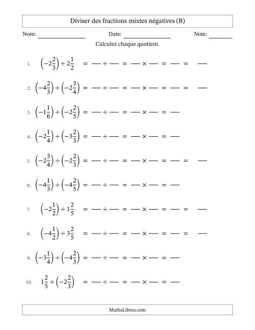 Diviser des fractions mixtes négatives avec dénominateurs jusqu'aux sixièmes, résultats sous fractions mixtes et sans simplification (Remplissable) (B)