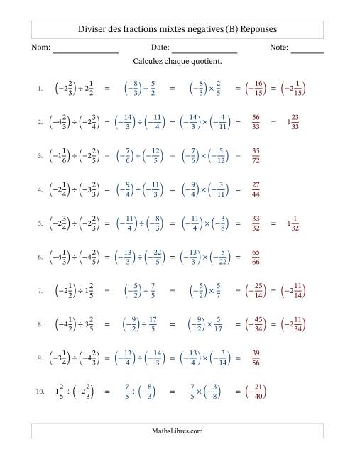 Diviser des fractions mixtes négatives avec dénominateurs jusqu'aux sixièmes, résultats sous fractions mixtes et sans simplification (Remplissable) (B) page 2