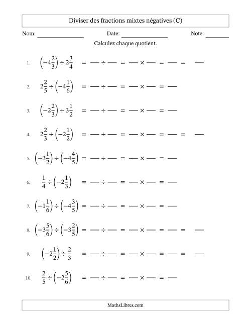 Diviser des fractions mixtes négatives avec dénominateurs jusqu'aux sixièmes, résultats sous fractions mixtes et sans simplification (Remplissable) (C)