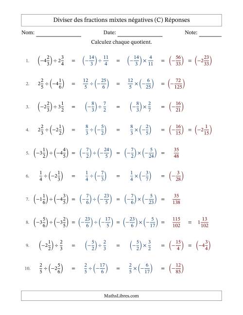 Diviser des fractions mixtes négatives avec dénominateurs jusqu'aux sixièmes, résultats sous fractions mixtes et sans simplification (Remplissable) (C) page 2