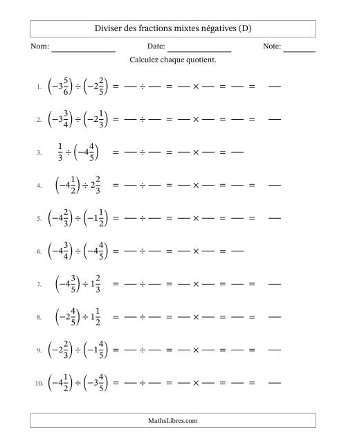 Diviser des fractions mixtes négatives avec dénominateurs jusqu'aux sixièmes, résultats sous fractions mixtes et sans simplification (Remplissable) (D)