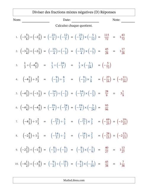 Diviser des fractions mixtes négatives avec dénominateurs jusqu'aux sixièmes, résultats sous fractions mixtes et sans simplification (Remplissable) (D) page 2