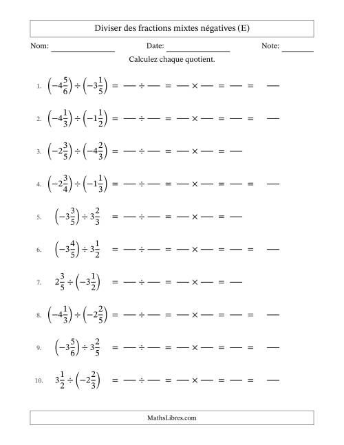 Diviser des fractions mixtes négatives avec dénominateurs jusqu'aux sixièmes, résultats sous fractions mixtes et sans simplification (Remplissable) (E)