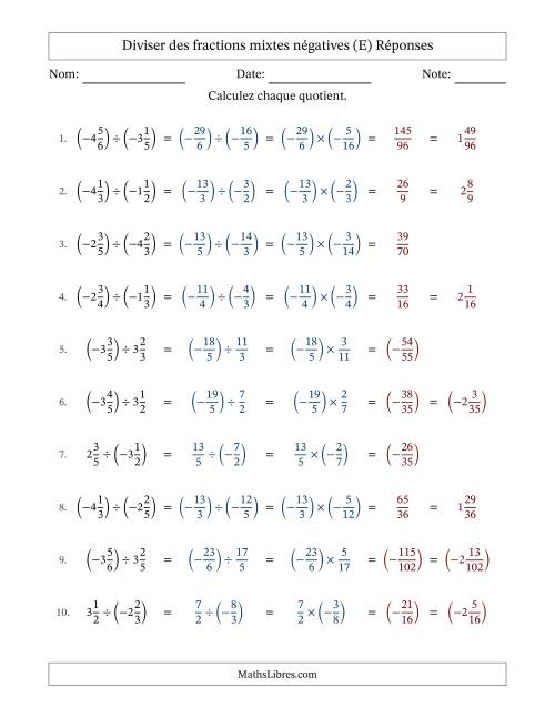Diviser des fractions mixtes négatives avec dénominateurs jusqu'aux sixièmes, résultats sous fractions mixtes et sans simplification (Remplissable) (E) page 2